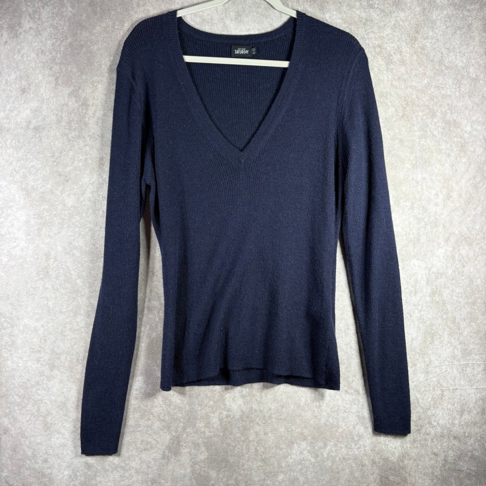 Kate‎ Spade Saturday Sweater Women XL Navy Blue V-Neck Ribbed Wool Alpaca Blend